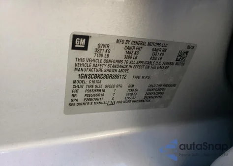 2016 Chevrolet Tahoe C1500 Lt из США, поврежденный, VIN 1GNSCBKC8GR388112